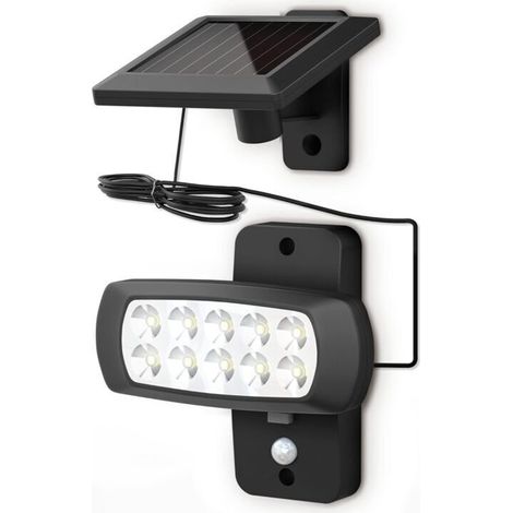 Lampe solaire LED extérieur IP44, détecteur de mouvements PIR, projecteur mural maison terrasse balcon noir, protégé contre des éclaboussures, lumière blanche froide 6500K