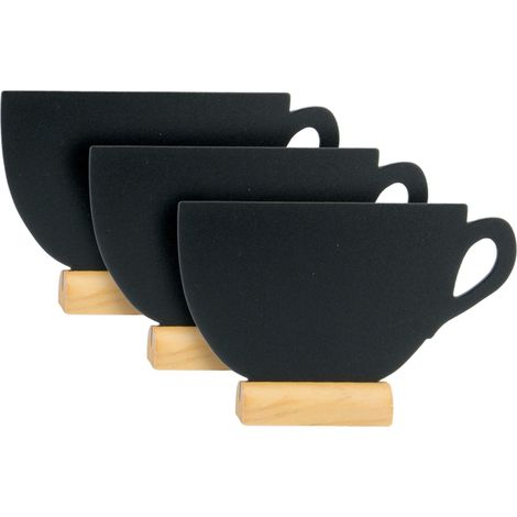 SECURIT - Set da 3 Lavagne Da Tavolo Silhouette Tazza - Per Pennarelli a Gesso Liquido - Per Caffè, Ristoranti, Bar - Inserto Rimovibile - Base in Legno Laccato - 9x13,5x2cm - 1 Pennarello Incluso (1/4)
