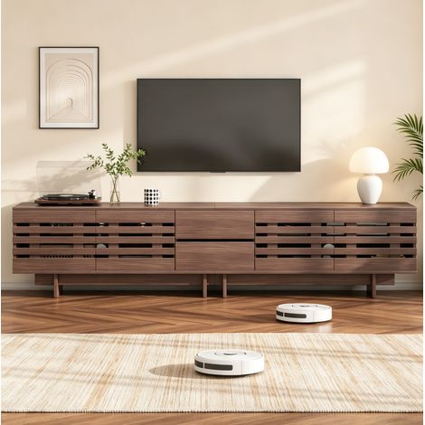 Meuble TV avec 4 Portes, 2 Tiroirs, 6 Niches, Passe-câbles, Style Rétro pour Salon, MDF, Noyer, 200 × 39.5 × 55 cm (1/5)