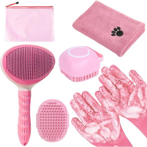 6-in-1 Grey Pet Grooming Kit: Hair Brush, Towel, Washing Gloves, Slicker Brush, and Shampoo Scrubber for Dogs and Cats (1/5)