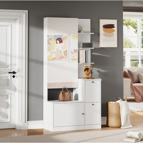 Armadio da ingresso 85x40x180 cm bianco in truciolare con specchio, scarpiera doppia e 5 ripiani aperti (1/5)