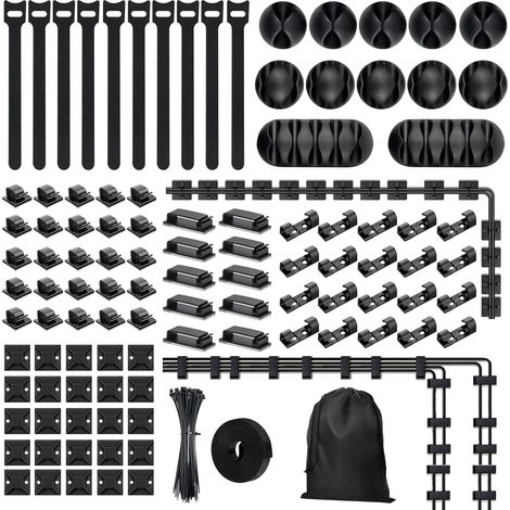 204 Pieces Cable Management Kit, 92 Cable Clips Stickers, 100 Cable Ties, 10 Celcro+1 Rolls of Self Adhesive Tape, for TV PC Office Cable Management (1/5)