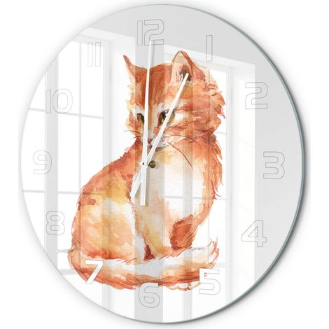 Horloge Murale Ronde Chambre Bureau Verre Silencieuse Design Moderne Élégant Chat roux fi 60 cm (1/5)