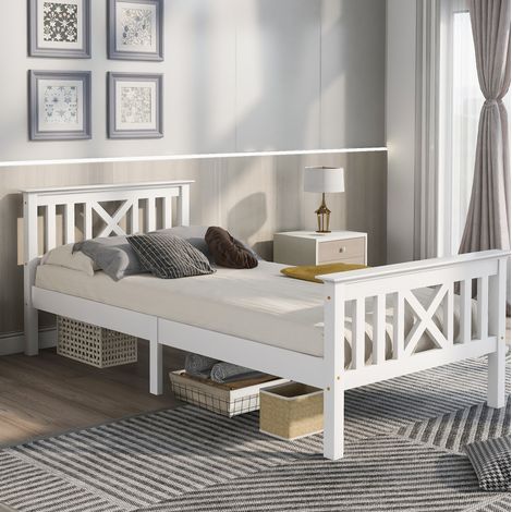Cama individual con cabecero en X de madera blanca OKMYHOME (1/5)