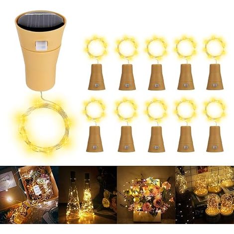 Catena luminosa LED solare con tappo per bottiglia, 1 m 10 LED in filo di rame, luce decorativa fai-da-te per bottiglie, bar, camera da letto, matrimonio, Natale, Halloween, festa, bianco caldo (1/5)