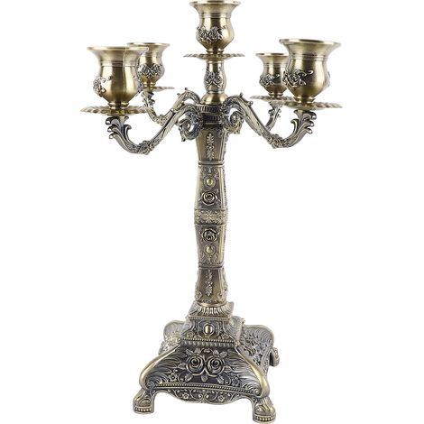Candélabre à bras métalliques style européen rétro, bougeoir romantique à cinq têtes, décoration pour mariage ou dîner. Bronze. (1/5)