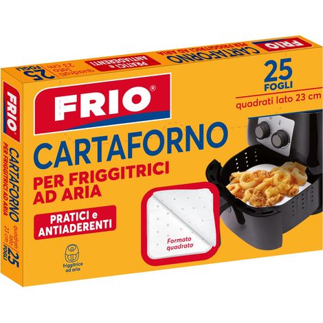 FRIO - Carta Forno per Friggitrici ad Aria - 25 Fogli Quadrati 23x23 cm - Cottura Sana e Salutare. Formato quadrato, adatto a tutte le Airfryer