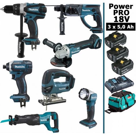 Pack Makita Power PRO 7 outils 18V: DDF458 + DHR202 + DTD152 + DGA504 + DJV180 + DJR186 + DEADML802 + 3 batt 5Ah + sac (1/5)