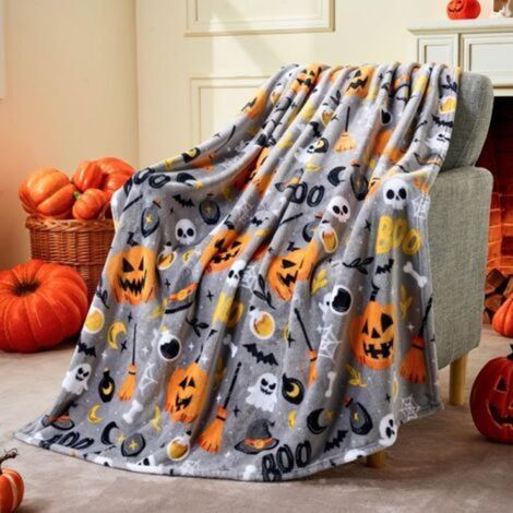 Couverture d'Halloween en flanelle grise 1 pièce (75x100cm) - chapeau de sorcière, chauve-souris, fantôme et citrouille, décoration de fête d'Halloween (1/5)