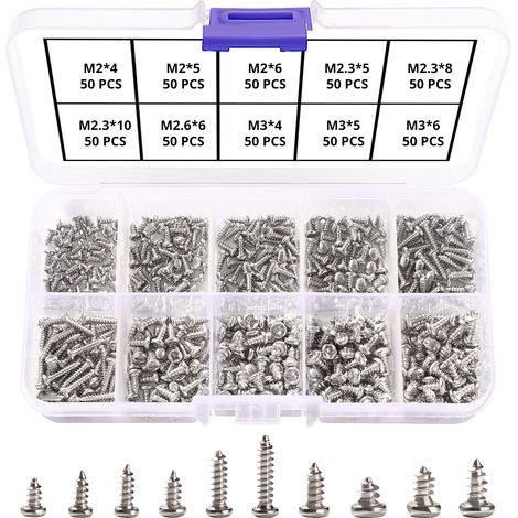 500 Pièces M2 M2.3 M2.6 M3 Vis Autoperceuses à Tête Croisée, Vis Autotaraudeuse, Micro Vis à Tête Cylindrique, pour Plastique Bois Métal Mou Vis Miniatures Argentées (1/5)