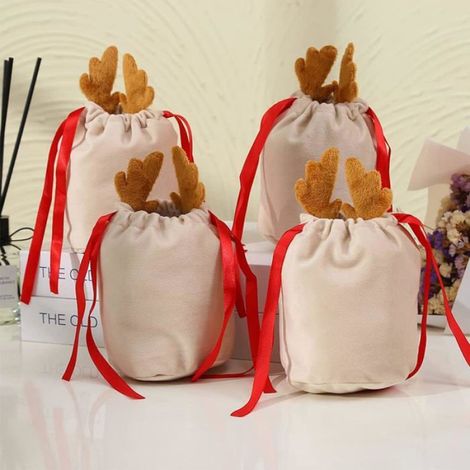 Lot de 10 sachets cadeaux de Noël en velours avec cordon de serrage, décorés de jolis bois de cerf. (café clair). (1/4)