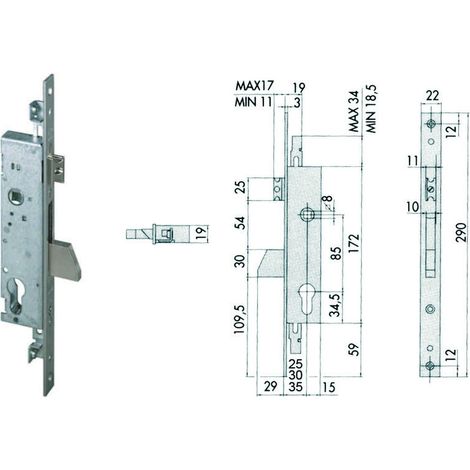 Serratura triplice da infilare per montanti con quadro e scrocco 46225 - Misure: mm 30 (46225300)