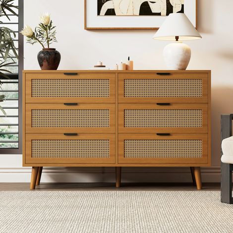 Commode en panneaux de particules noyer avec 6 tiroirs, décor effet rotin, poignées métal, 120 x 40 x 76,5 cm (1/5)