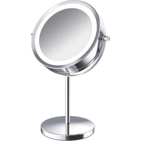 Miroir cosmétique grossissant éclairé rotatif à 360°, miroir cosmétique grossissant 10x, miroir cosmétique éclairé, miroir sur pied rotatif double face avec support (version rechargeable) (1/4)