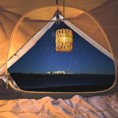 Lustre alimenté par batterie, lustre, lumière en rotin avec ampoule blanc chaud, lampe de jardin, applique murale en bambou tressé, 1 paquet (1/5)