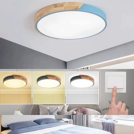 Deckenleuchte aus Holz, moderne runde Deckenleuchte, drei Farbtemperaturen (3000K - 6500K), blau, geeignet für Wohnzimmer, Balkon, Flur (1/5)