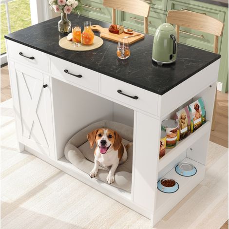 Isola cucina 120/60/90 cm bianca con 3 cassetti, vano per animali e ripiano regolabile (1/5)