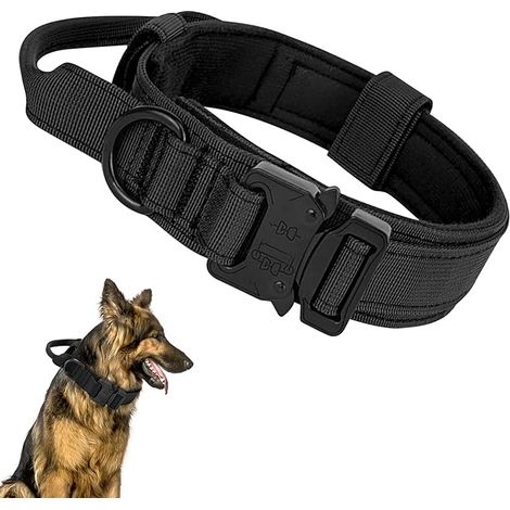Collier Réglable pour Chien Militaire en Nylon Tactique avec Poignée, Laisse Élastique et Anneau Métallique pour Chiens de Taille Moyenne (Noir,M) (1/5)