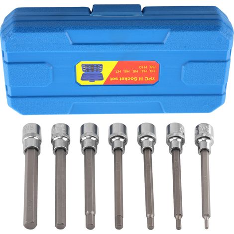 3/8in Drive 7pc Hex Socket Set Long Reach 3mm-10mm Allen CRV Steel Case