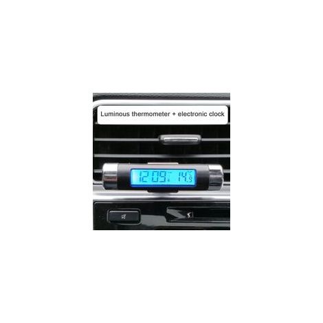 Reloj termómetro para coche con forma de barril, pantalla LCD, clip para rejilla de ventilación con LED, reloj termómetro digital para coche