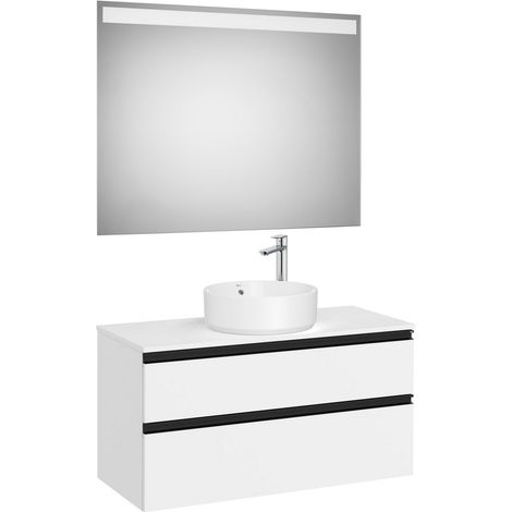 Pack meuble "The gap" 1000 pour vasque à poser - 2 tiroirs + plan + miroir LED - blanc mat/poignées noires - Roca (1/2)