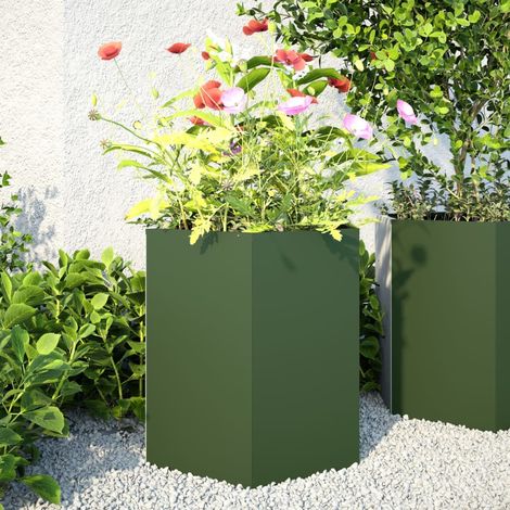 Jardineras hexagonales 2 uds acero verde oliva 46x40x45 cm (1/5)