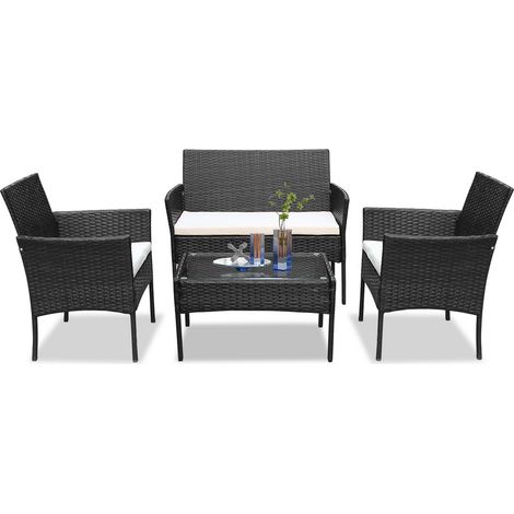 VINGO Set di mobili da giardino in resina intrecciata - 4 posti - Divano + Poltrona + Tavolo + Cuscini per seduta Nero (1/5)