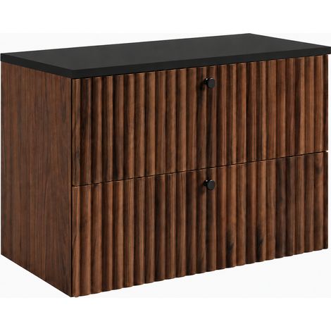 Meuble sous-vasque suspendu 80 cm, 2 tiroirs, avec plan de travail, fermeture douce, Chêne noyer / Plan noir, poignées noires, 80 x 44,4 x 58,6 cm (1/5)