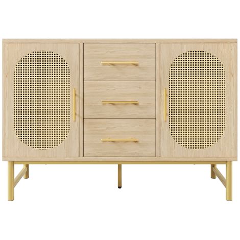 Buffet rotin 3 tiroirs, 2 portes, chêne, 120×40×74 cm