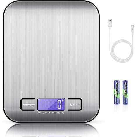 Balance Cuisine Electronique avec Câble USB, Balance de Précision 10kg/1g Balance Electronique Acier INOX Balance, Piles Fournies