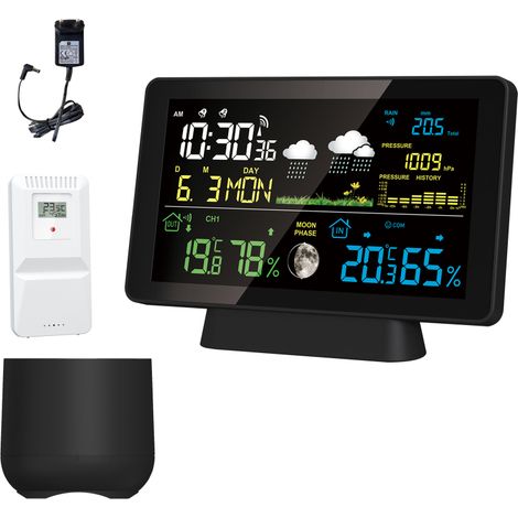 Drahtlose Wetterstation mit Regenmesser, Innen-/Außenthermometer/Hygrometer, Barometer, Atomuhr, Wettervorhersage und Mondphasenanzeige, 7,5-Zoll-Farbbildschirm