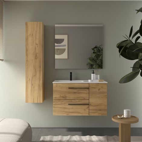 Meuble de salle de bain YARA PLUS 90cm Chêne Vasque Porcelaine Robinet à gauche 1P (1/5)
