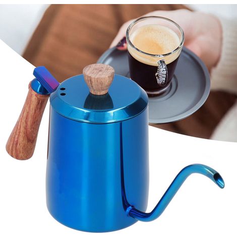 Manuelle Filterkaffeemaschine aus Edelstahl mit Holzoptik, 600 ml Fassungsvermögen, langem Ausguss und schmaler Öffnung, hitzebeständigem Griff, manuellem Kaffeemahlwerk und Warmhaltekanne, blau (1/5)