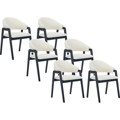 Sedia con braccioli in Tessuto bouclette e Legno di hevea Bianco e Nero  - Lotto di 6 - SOLUNA