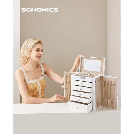 SONGMICS Scatola Portagioie Grande, Porta Gioielli a 6 Livelli con Ali, Cassetti, Specchio e Chiusura, per Braccialetti Orecchini Anelli Collane Orologi Monili, Idea Regalo, Bianco (1/5)