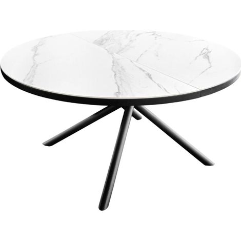 Table de salle à manger ronde extensible OPHIRA 120-160 cm – Céramique effet marbre blanc et métal noir (1/5)