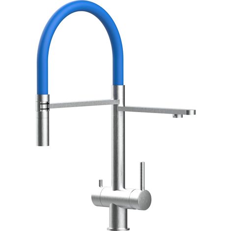 3 Wege Wasserhahn Edelstahl Massiv Kuechenarmatur mit Blau 360 schwenkbarem Auslauf und abnehmbare 2 strahl Handbrause - Edelstahl Gebuerstet