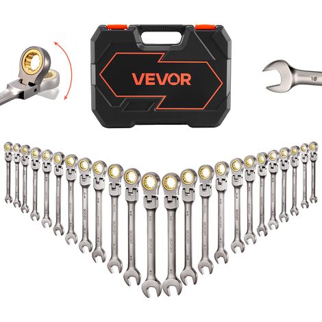 VEVOR Juego de Llaves de Trinquete 24 Unidades, Llaves Combinadas con Carraca, Cabezas Flexibles, Metrica y SAE, con Estuche de Almacenamiento, para Reparación de Automóvil Bricolaje Hogar, Niquelado (1/5)