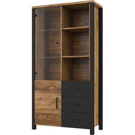 Estantería Tornua 102, Abeto oscuro + Negro mate, Cerrable, Con cajones, Con puertas, Aglomerado laminado, Vidrio, Número de puertas: 2, Número de cajones: 3, 191x101x43cm (1/5)