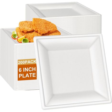Assiettes en canne à sucre jetables - 16 cm - 200 pièces - Assiettes en bagasse blanches carrées - Petites assiettes jetables pour fêtes - Vaisselle biologique à usage unique pour les (1/5)
