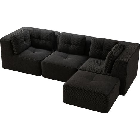 ELVMI Sofá esquinero modular en L, 3 plazas, sin montaje, con Asiento profundo y reposabrazos anchos, en pana, Negro (1/5)