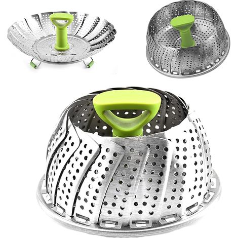 Pliable Panier Vapeur, Panier à vapeur pliable en acier, Panier cuit Vapeur avec Poignée Rétractable en inox, Pour Cuire Légumes et Aliments(Vert) (1/5)