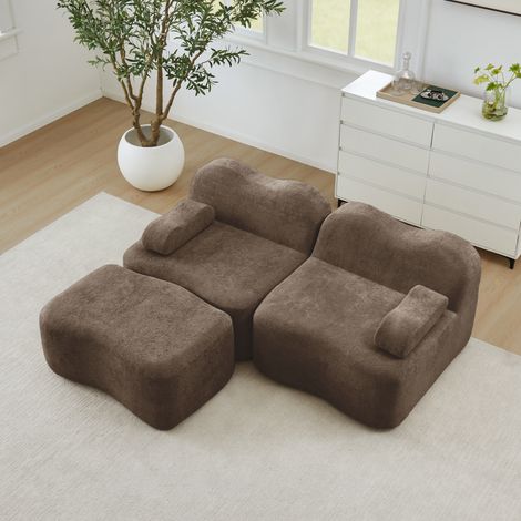 Canapé d'angle convertible 2 places, sans cadre, avec pouf assorti, design sinueux, accoudoirs déhoussables, parfait pour séjour ou studio, livré prêt à l'emploi, teinte brun. (1/5)