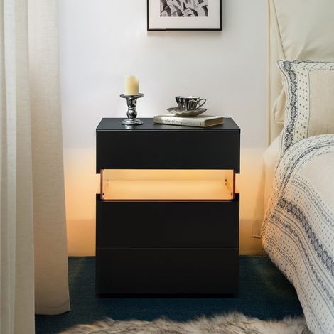 Mueble mesita de noche con 3 cajones LED negra OKMYHOME (1/5)