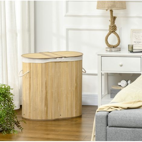 Panier à linge avec couvercle, 2 compartiments, sac amovible, bambou naturel OKMYHOME (1/5)