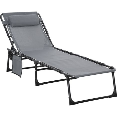 Folding Sun Lounger, Reclining Camping Bed with 5-Position Adjustable Backrest, Pillow, Grey (1/5)