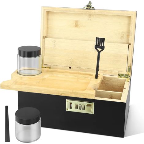 Étui à cigarettes verrouillable, comprenant un plateau à cigarettes et des accessoires, une grande boîte en bambou anti-odeurs, deux bocaux, un tube de rangement et une boîte de rangement décorative ( (1/5)