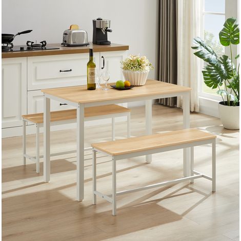 MEUBLIV Conjunto de mesa de comedor 110 x 60 cm natural y blanco, 2 bancos, ahorro de espacio (1/5)