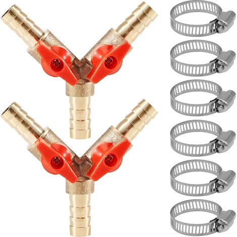 Lot de 2 raccords de tuyau 3 voies en laiton de 10 mm avec robinet à boisseau sphérique - Valve en Y pour raccords de tuyau, air, eau, gaz - Vanne d'arrêt avec 6 colliers de serrage pour jardin (1/5)