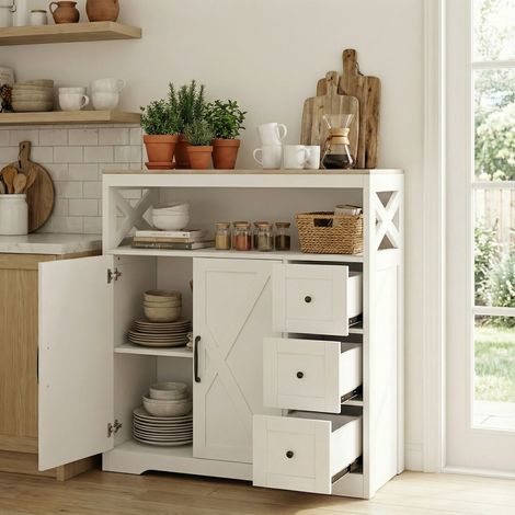 Credenza contenitore spaziosa in legno bianco con 3 cassetti, 2 ante e vano aperto, stile moderno scandinavo, Bianco con piano effetto legno